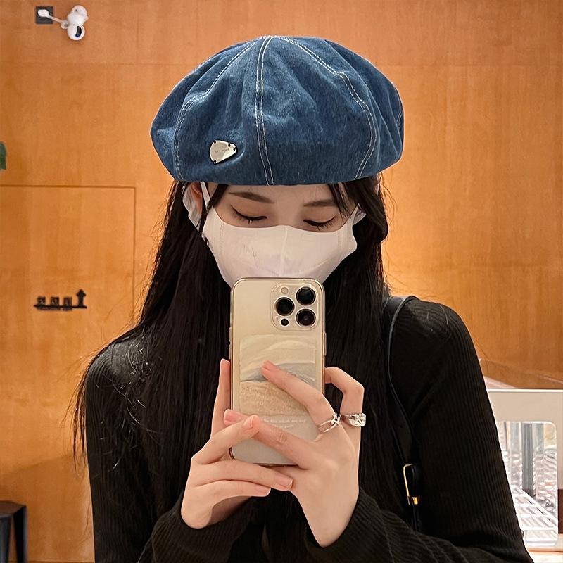 

Metal label cowboy beret female big head circumference octagonal bud painter hat showing face small hat autumn and winter M（56-58cm） средний синий