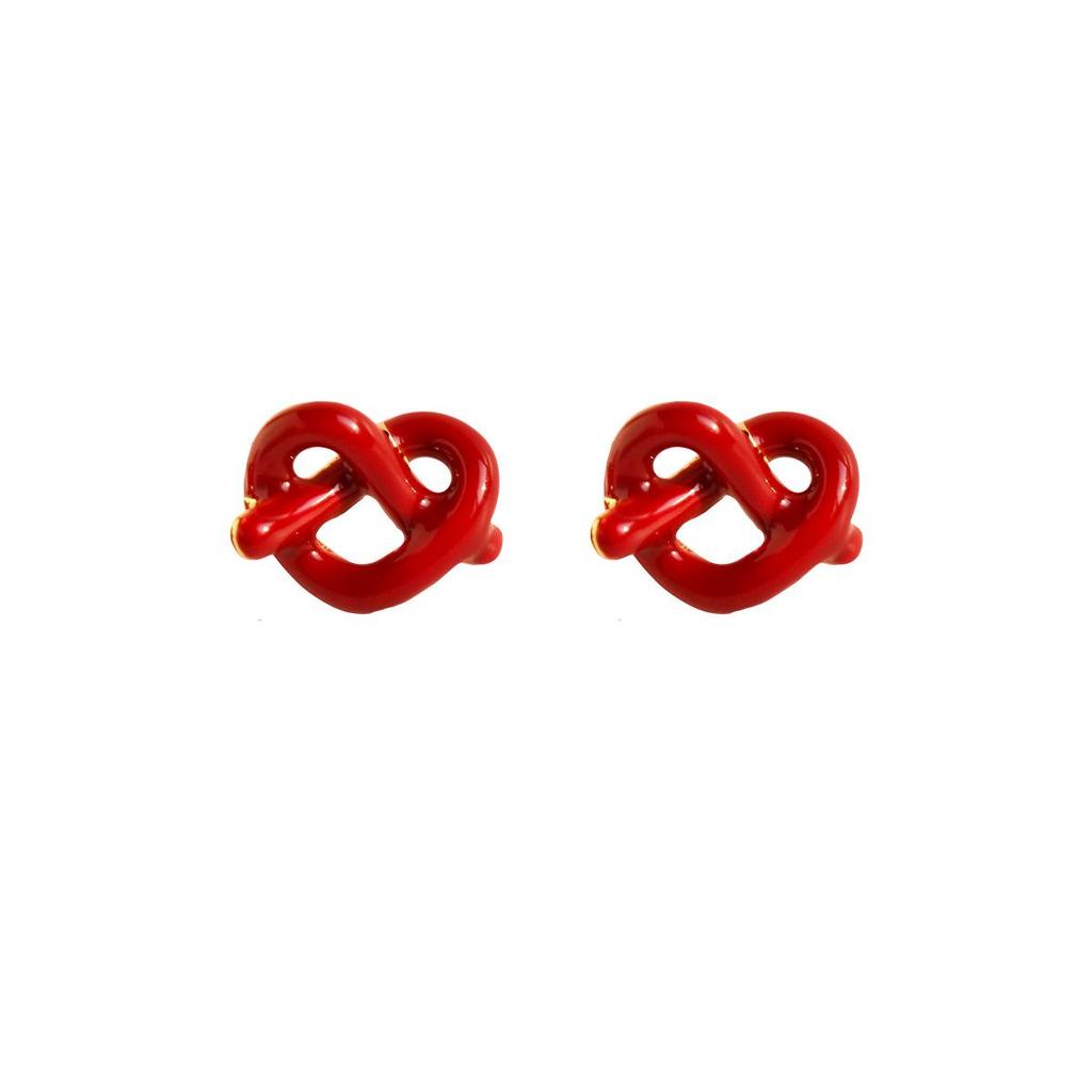 Red Enamel Heart Knot Earrings with White Drip Glaze