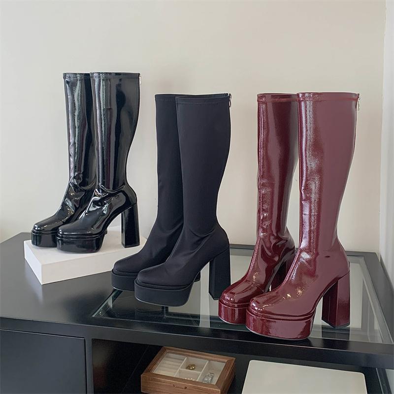 Fashion Eilyken Winter Fashion Round Toe Women Knee-High Boots Punk Style Platform Zipper Shoes Square High Heels Banquet Booties