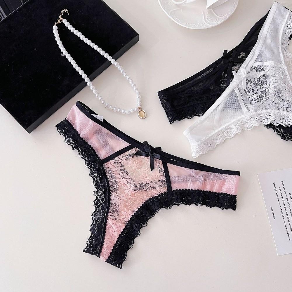 Lace Underpants Lace Flower Transparent Briefs Bow Hanging Neck Chain Underwear for Women  Girl