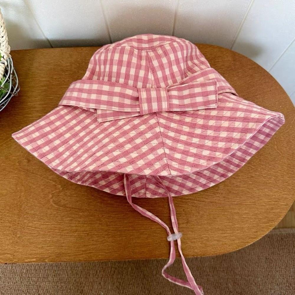 Korean Style Fine Plaid Fisherman Hat Bow Wide Brimmed Sunscreen Basin Cap with Windproof Rope Polyester Folding Sun Cap Summer