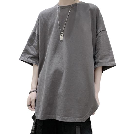 Men T-shirt Solid Color Simple Casual Young Style Friendly to Skin Round Neck Loose Split Hem Half Sleeves Summer Tops Men Clothes M темно-серого 990₽