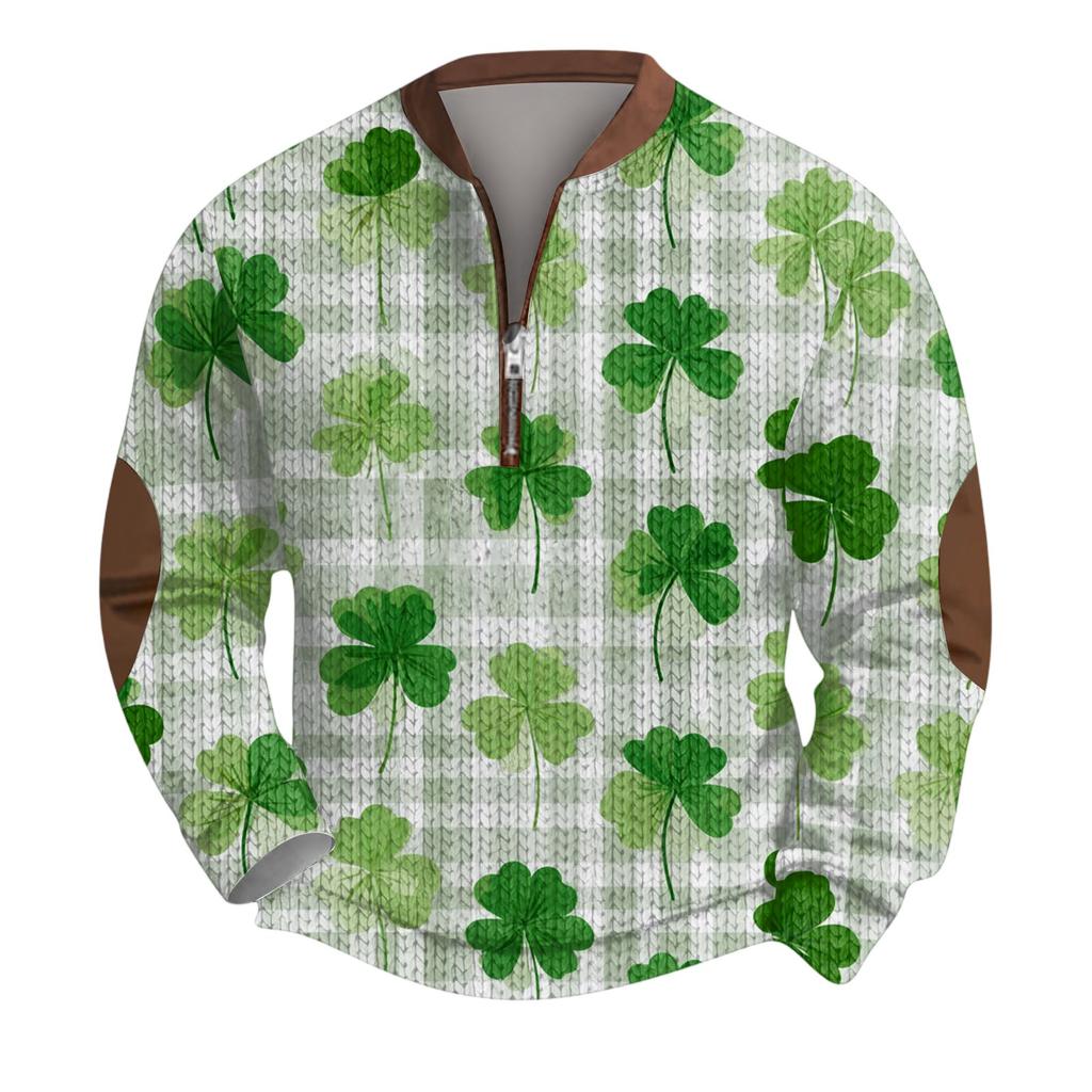 Mens Christmas Sweater Zip Up Sweatshirts Vintage Knit Graphic Sweatshirt St. Patrick's Day Stand Collar Pullover