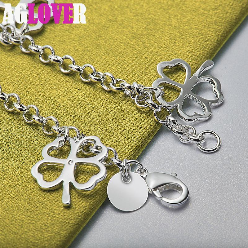 925 Sterling Silver Five Lucky Clover Flowers Pendant Bracelet Chain Jewelry