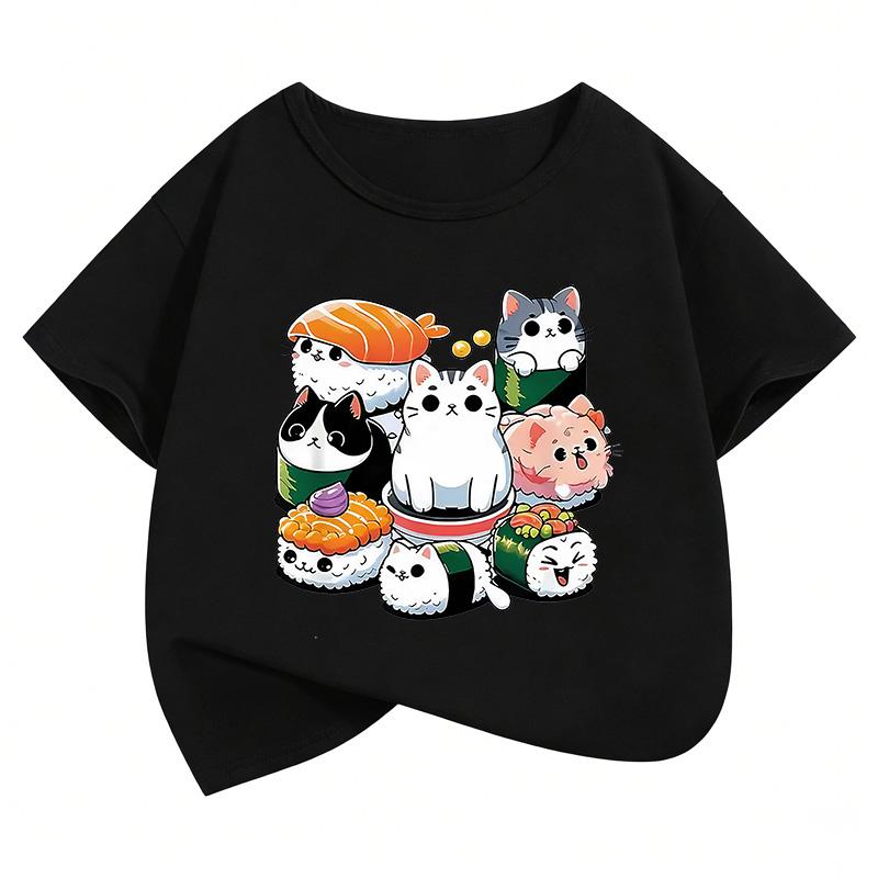 Boys and Girls Summer Cute Funny Sushi Cat Food Design Print Short-sleeve Children's T-shirt