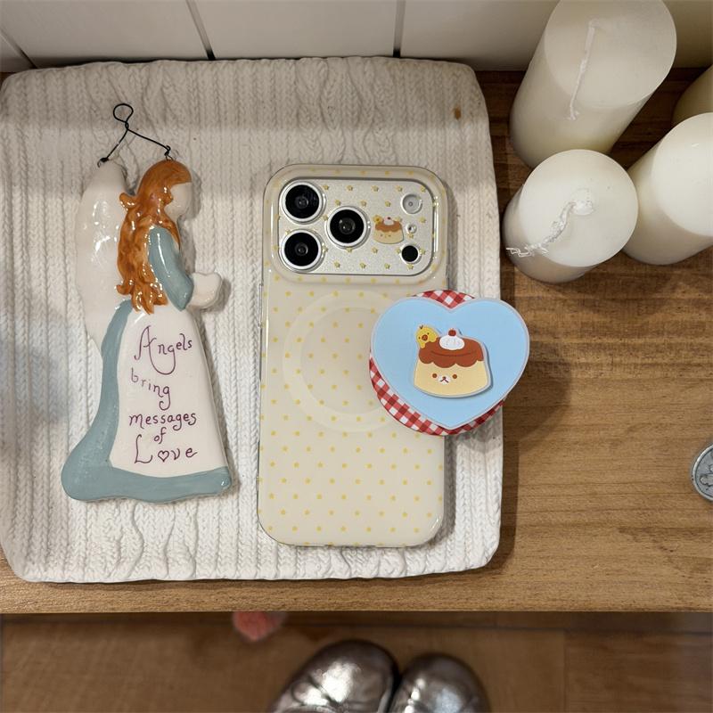 Kawaii Pudding Cartoon Yellow Polka Dot Magnetic Phone Case With Heart Pop Socket For iPhone 15 16 17 Pro Max INS Cute Shockproo