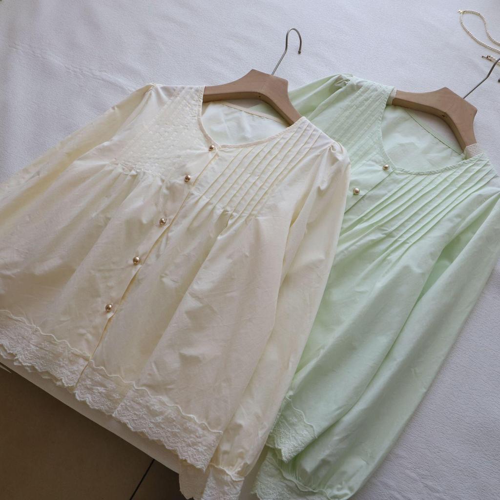 [Bi Zheng] 2025 Early Spring Korean Style Women's Heavy Industry Pleated Lace Long Sleeve Blouse 3296