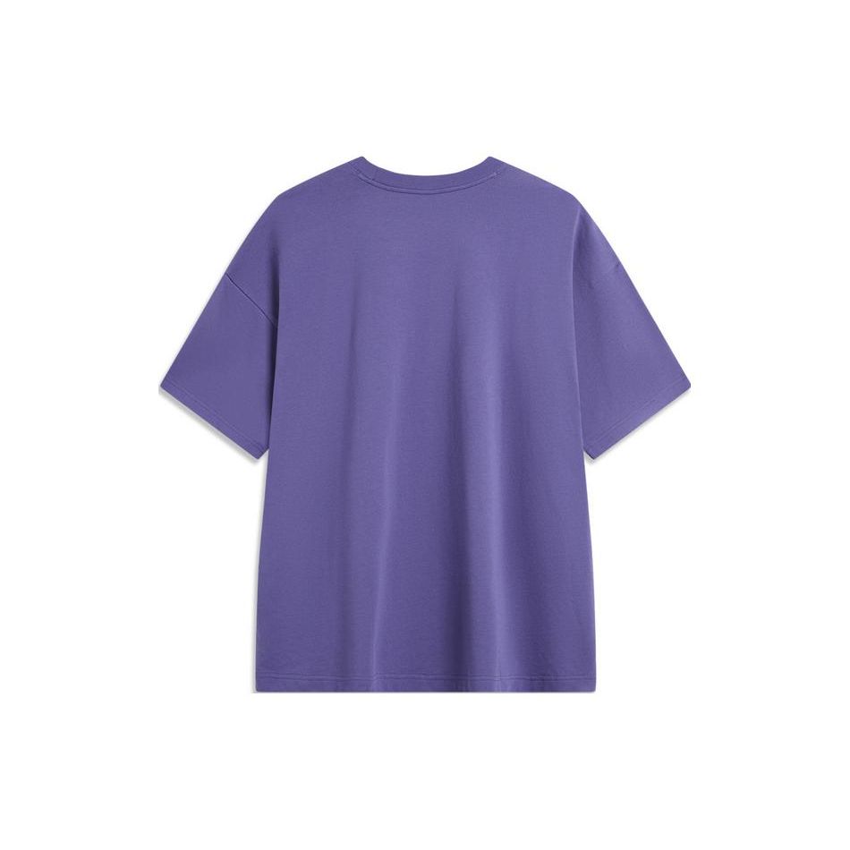 Li Ning Sports Fashion Series American Retro Round Neck Casual Sports Letter Loose Short Sleeve T-Shirt Unisex Tops Dark-Blue Purple AHSU653-8