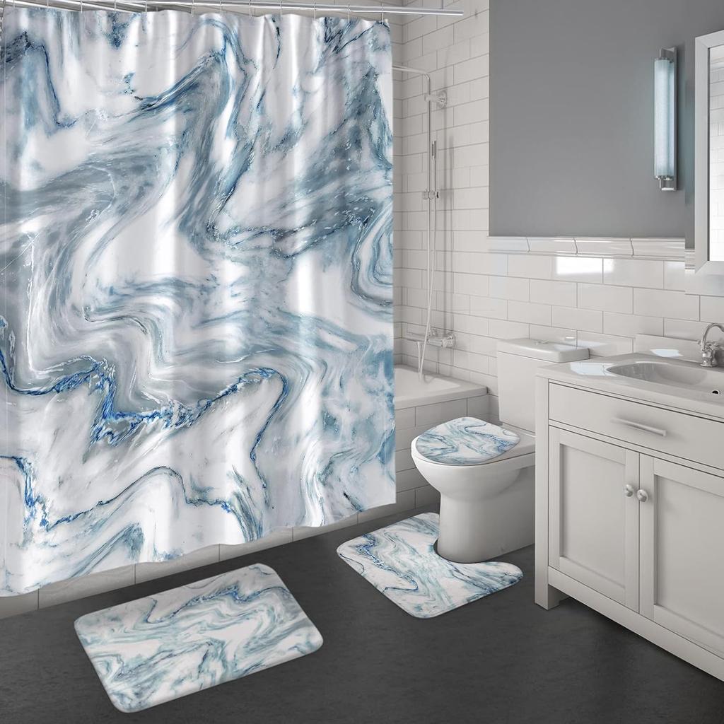 Marble Bathroom Sets With Shower Curtain And Rugs And Accessories, Abstract Grey Gold White, Modern, Gray Bathroom Decor Set