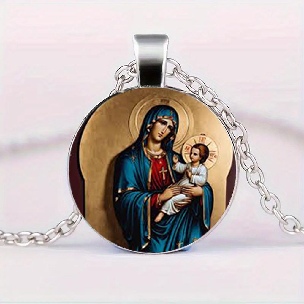 Glass Pendant Of The Virgin Mary And Baby, Christian Jewelry Painted With Oil Of Jesus, Gift Necklace For Men And Women.