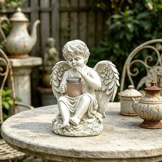 Solar Powered Little Angel Garden Statue Small Cupid Angel Figurine Waterproof Resin Fairy Garden Ornament for Patio Yard Porch Lawn Outdoor Decor