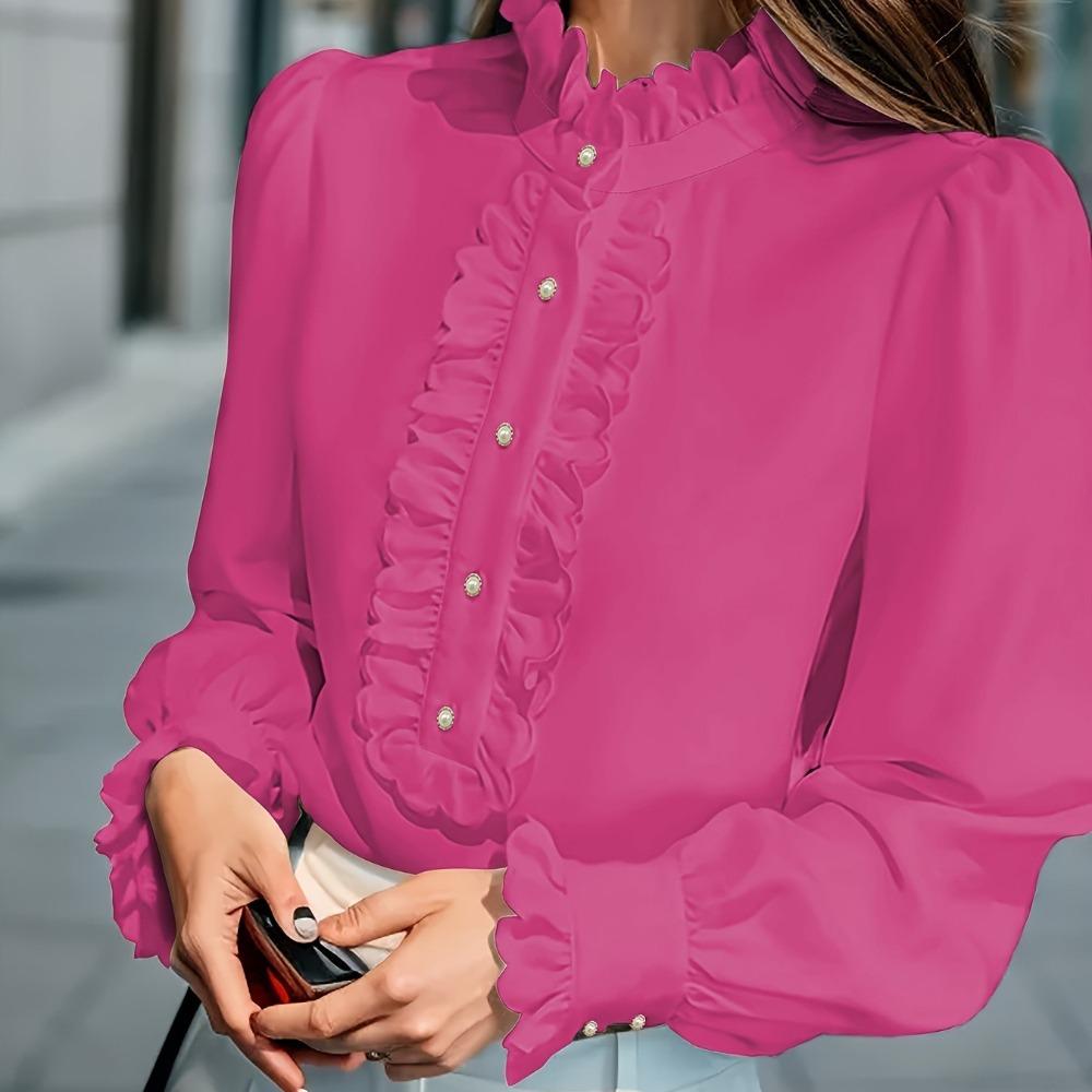 Dames Ruffle Hoge Hals Lange Mouwen Blouse Elegante Effen Kleur Shirt Parelmoer Knopen Werk Kleding Tops