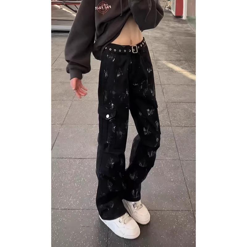 

Джинсы с плиссировкой и брызгами краски, мужские выстиранные свободные прямые брюки для лесорубов 3XL чёрный