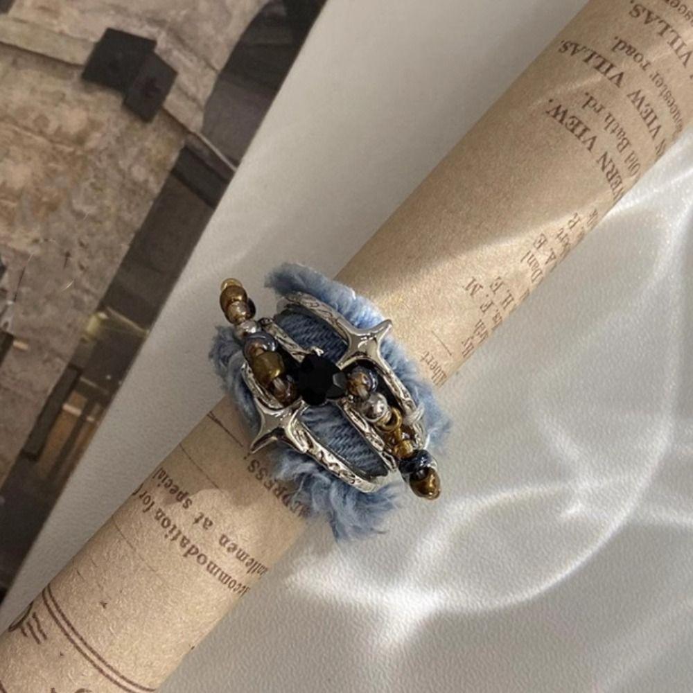 Heart Denim Rings Three Layer Metal Beaded Rings Cool Y2K Opening Rings  Music Festival