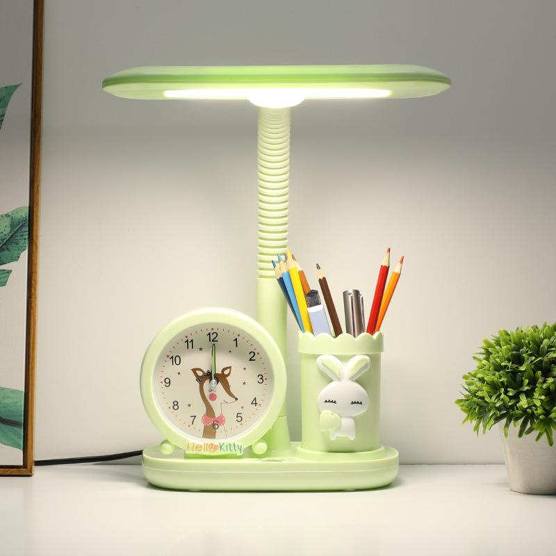 Children's Study Desk Lamp with Eye Protection, Clock, Pen Holder, and Large Light Source