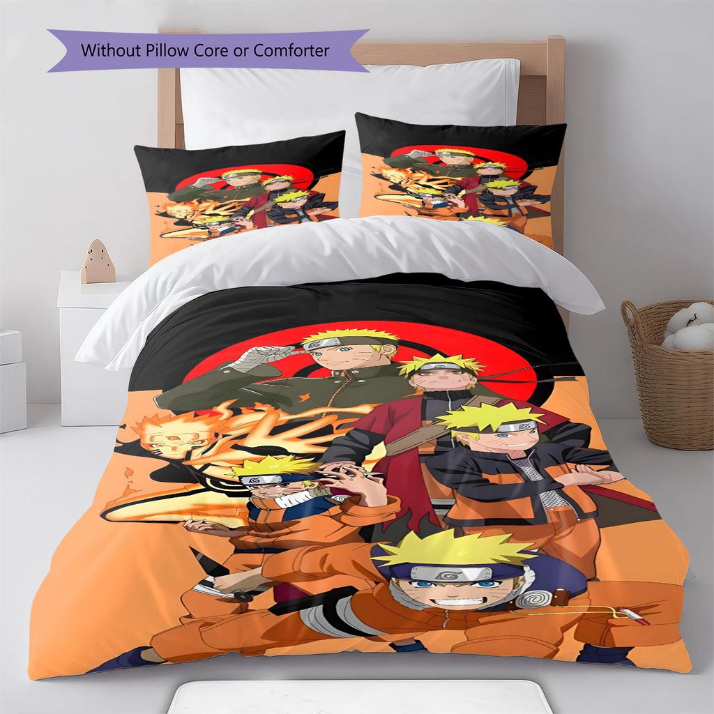 Naruto Cute Pose Chibi Style Bedding Set Anime Duvet Cover Polyester Soft Bed Linen Set -QJY