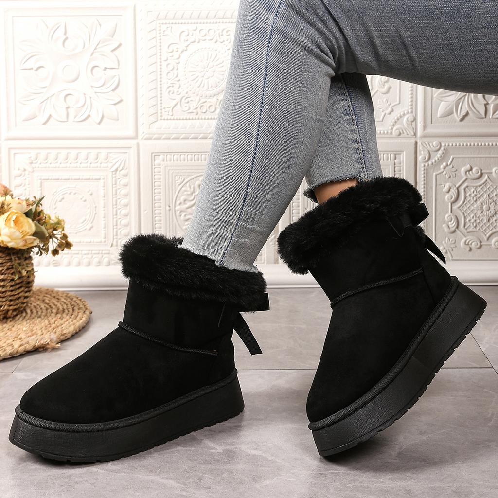 Fashion 2025 New Women Boots Casual All-match Thick Soled Mid-tube Snow Boots Bow Plus Cotton Boots Fashion Retro Outdoor Women Shoes