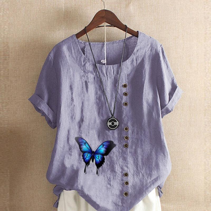 Camiseta de manga corta con cuello redondo para mujer, blusa informal de lino y algodón con estampado de mariposas, holgada y de verano