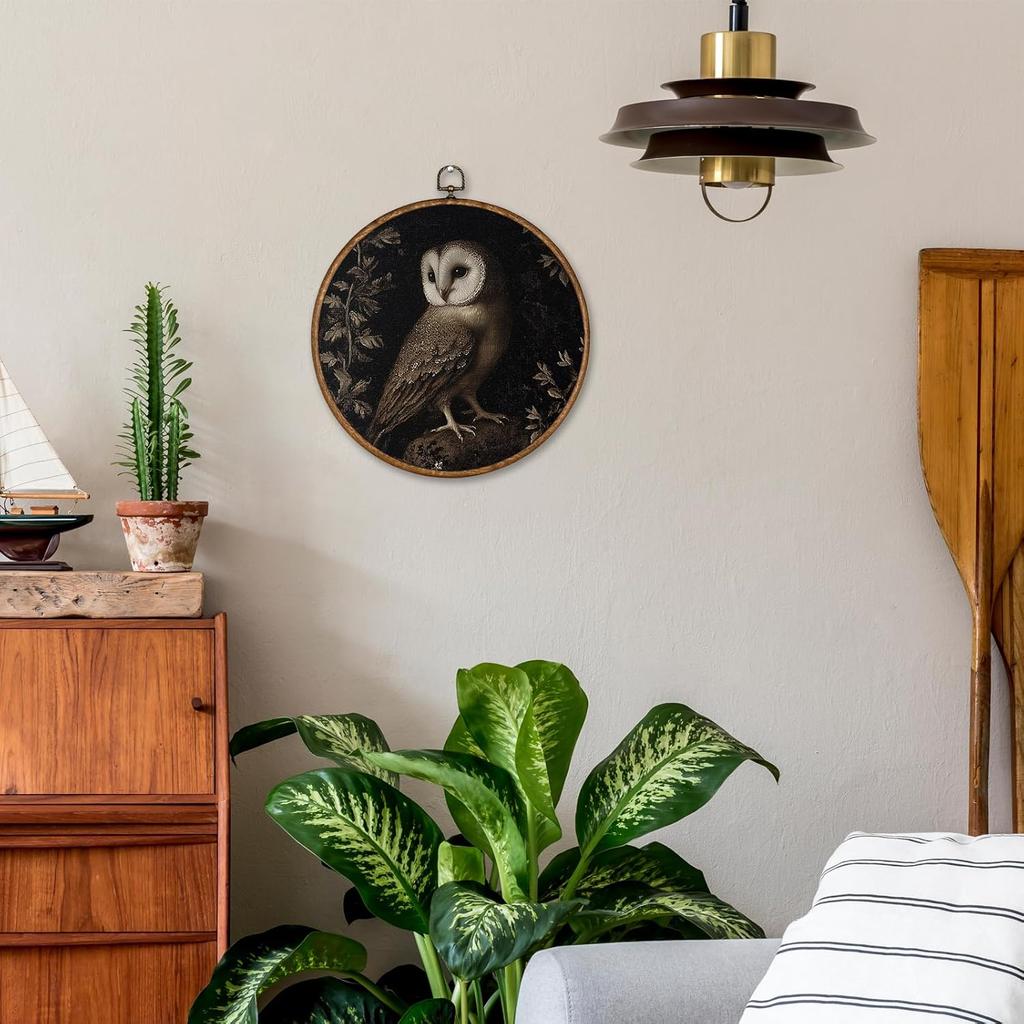 Voxitura Vintage Midnight Owl Fall Wall Art Round Framed, Black Goth Dark Wall Decor Canvas Hanging Living Room, Rustic Gothic Paintings Prints