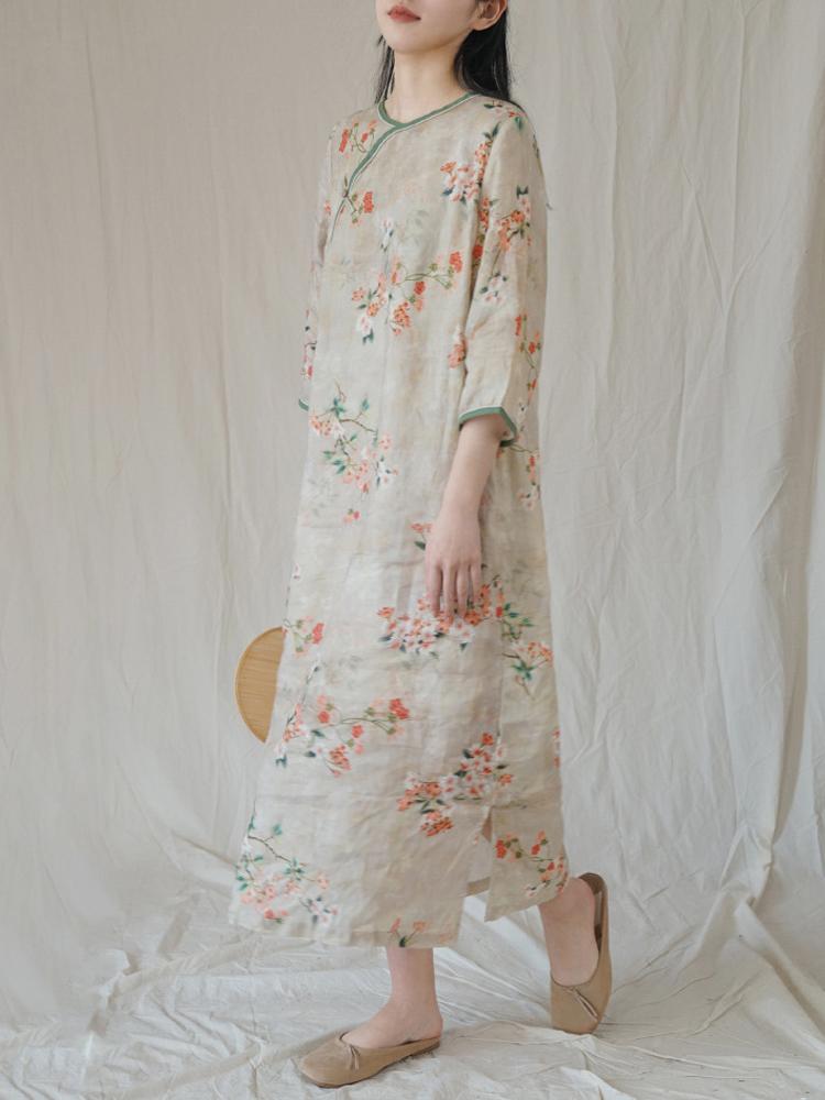 

Johnature женские льняные винтажные платья с цветочным принтом и семью рукавами в китайском стиле, весенняя одежда, женское платье