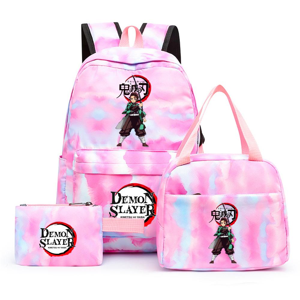 3 st/set Anime Demon Slayer Tryckt Ryggsäck med Matlåda Pennfodral för Tonåring Tillbaka till Skolan Stor Kapacitet Vattentät Skolväska Flickpojke Gåva