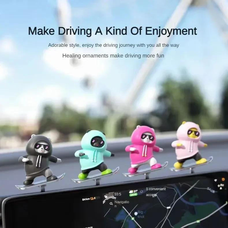 Interesting Car Interior Decoration Mini Cute Cartoon Skateboard Bear Central Control Screen Sliding Creative Car Ornaments