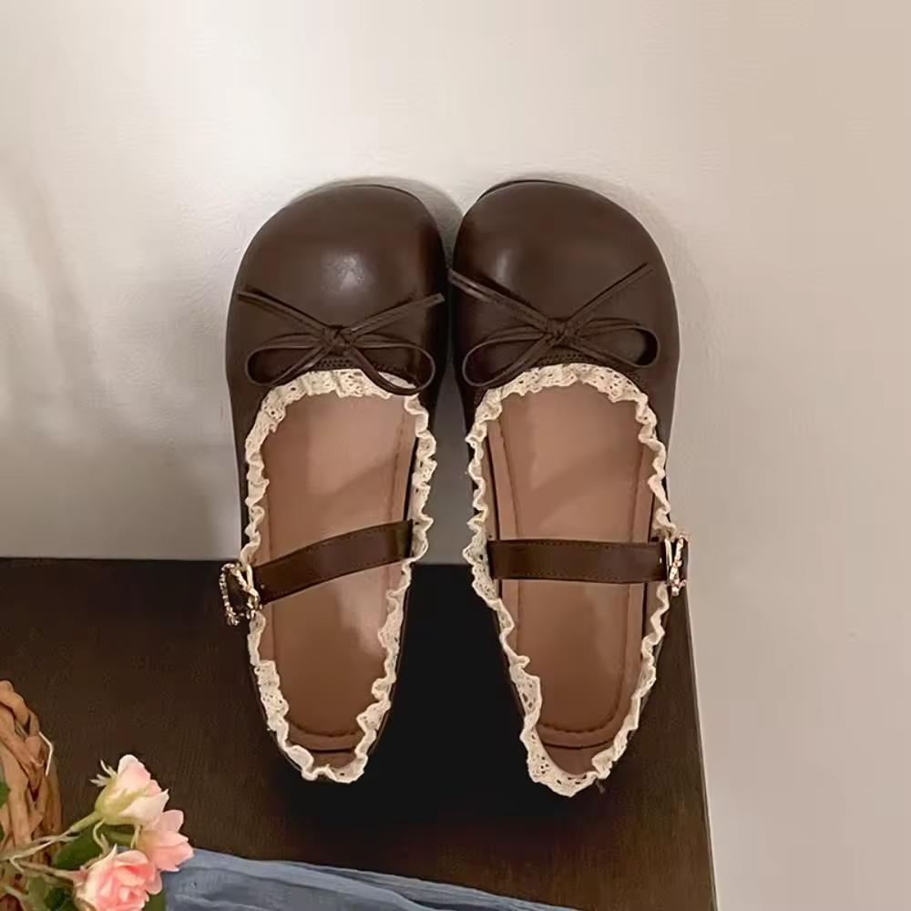 

Women s Spring/Summer Round-Toe Retro Bow Flat PU Leather Mary Jane Shoes with Solid Color French Soft Sole 40