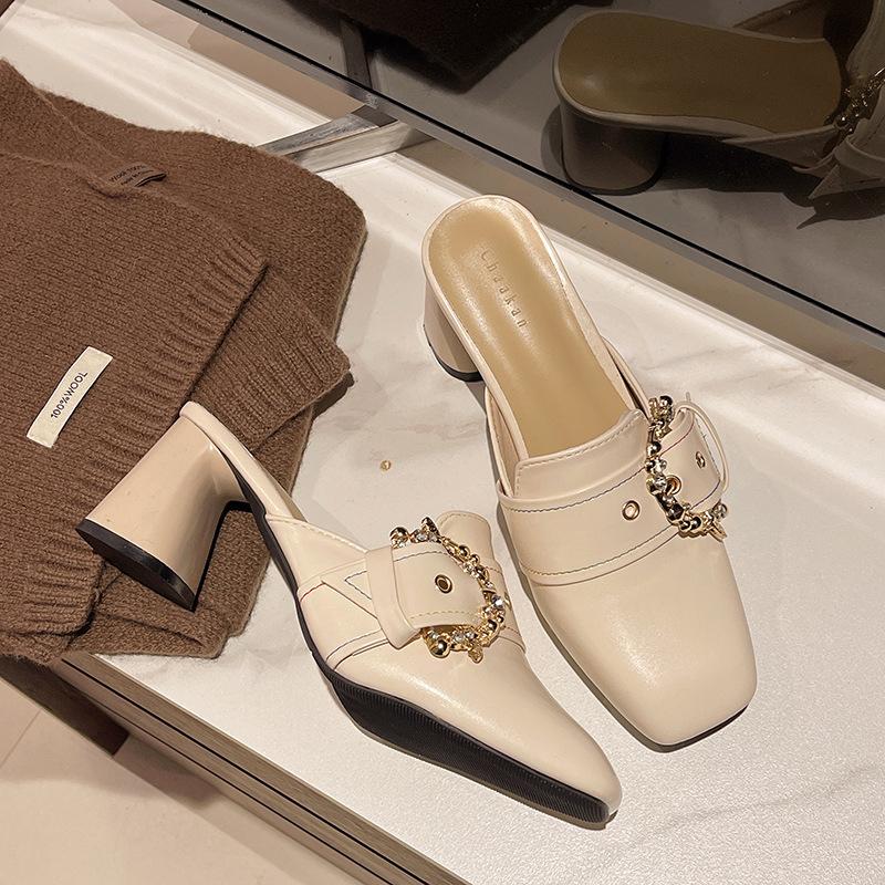 Spring and Autumn new high-heeled bag head slippers women's square head lazy half-tray fashion belt buckle outer wear one-word drag