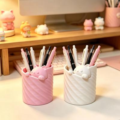 DYS 3D Printed Pen Holder, Cat Shape Large Capacity Hollow Barrel Desk Organizer for Gel Pens Pencils Makeup Brushes, Cute Girlish Decor Gift Students