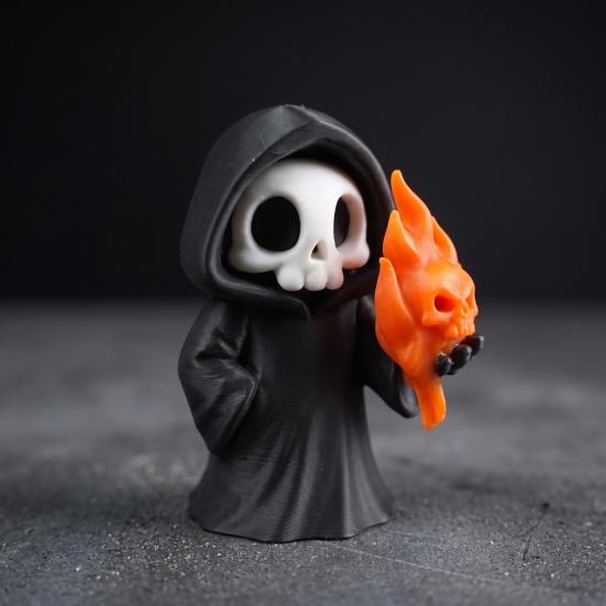 Decorative Figurine for Kids Cute Grim Reaper Halloween Figurine, 3D Printed Spooky Little Desk Decor Statue with Flame Skull, Desktop Ornament,