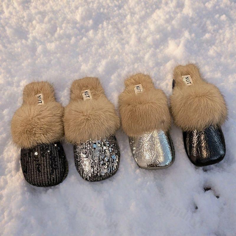 Women's Flat Slippers Autumn Winter Fashion Outdoor Warm Non Slip Plush Shoes Lightweight Comfortable Casual Half Slippers