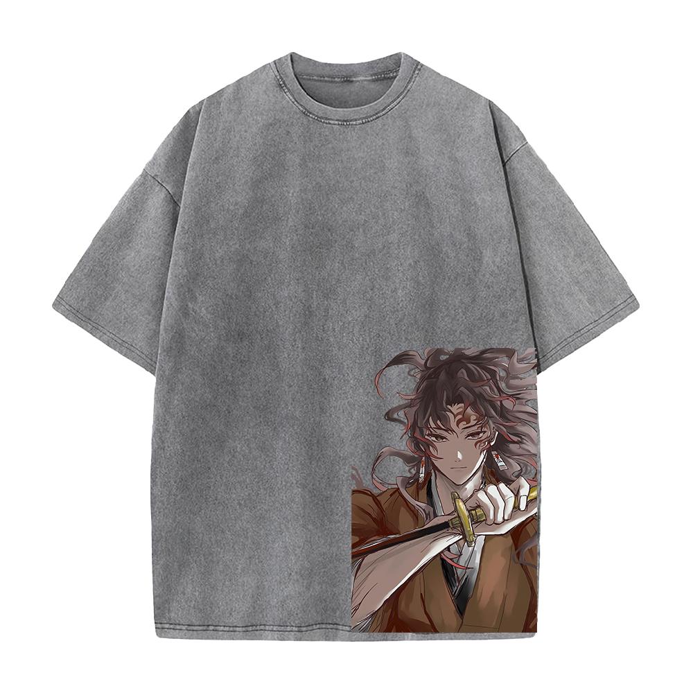 Anime Demon Slayer Tsugikuni Yoriichi Printed Tee Men Women Washed Cotton T-shirts Short Sleeve Vintage T Shirt Harajuku Tshirt