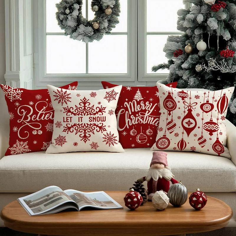 1/4 Pcs Red Christmas Pillowcase Snowflake Christmas Ball Pendant Pattern Cushion Cover Winter Holiday Home Decoration