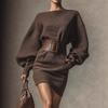 Moda donna primavera autunno tinta unita stampa manica lunga monospalla vita alta abiti casual