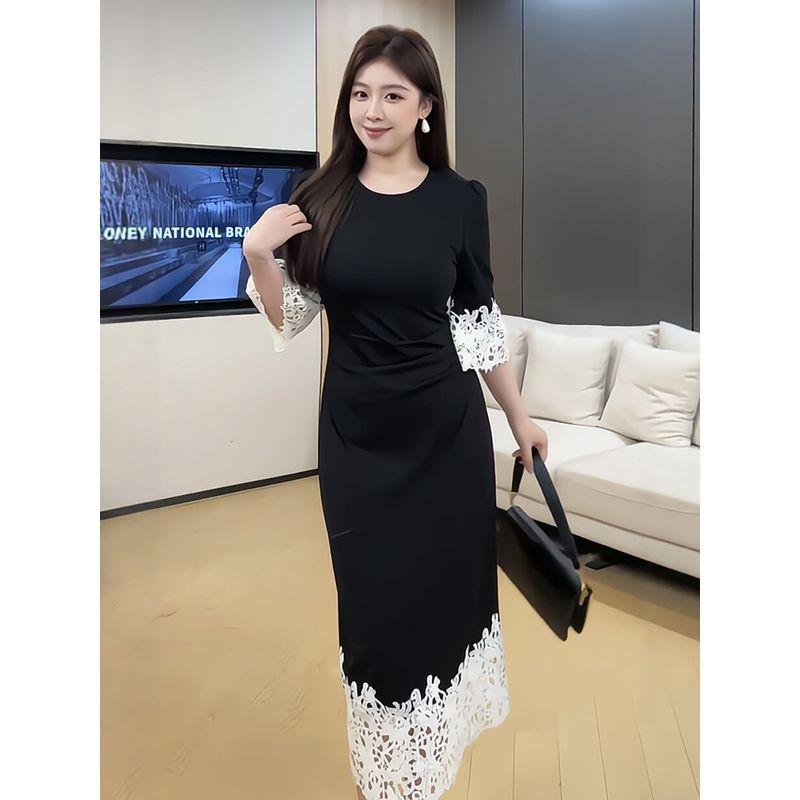 Plus-Size Women's Clothing for Fat Girls, New Chinese-Style Bell-Sleeve Lace Splicing Dress, 2026 Summer Slimming and Versatile Dress