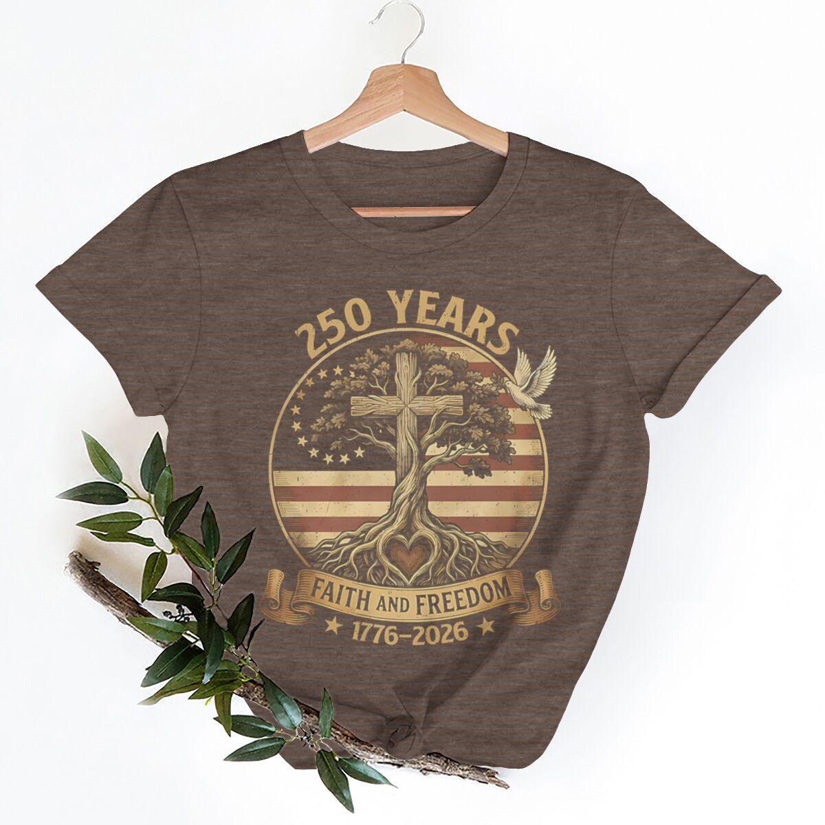 250 Years of Freedom T-Shirt 1776-2026 Faith and Freedom Tree Cross Graphic Tee Patriotic USA 250th Anniversary Shirt for Women M