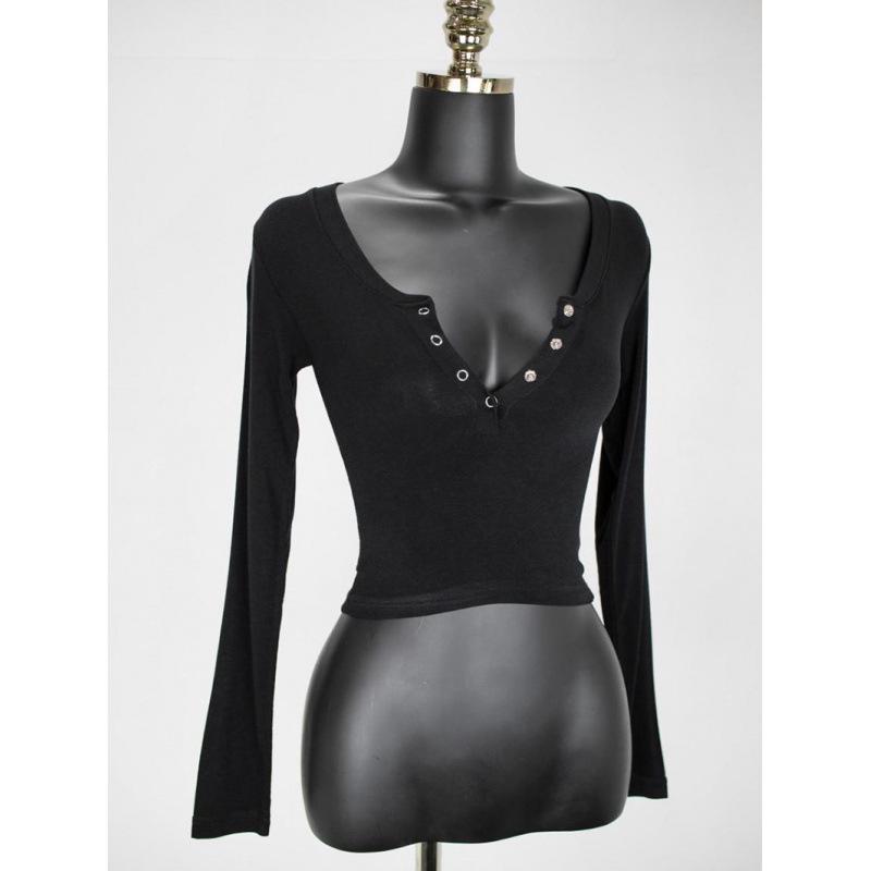 In Stock Slimming V-Neck Long Sleeve Autumn Sexy Figure-Flattering Base Layer Women s T-Shirt One Size