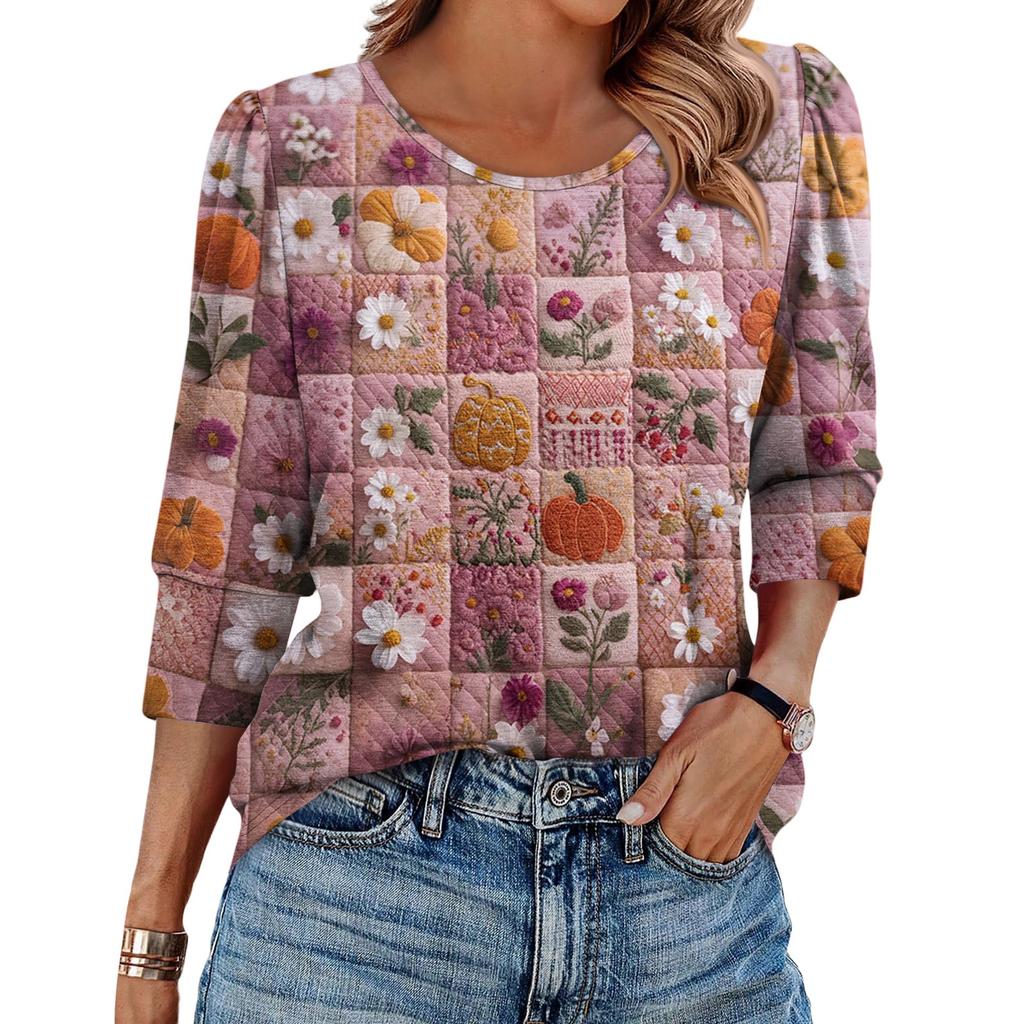 Women's Fashionable Casual Round Neck Seven Quarter Sleeve Halloween Printed Bubble Sleeve Top