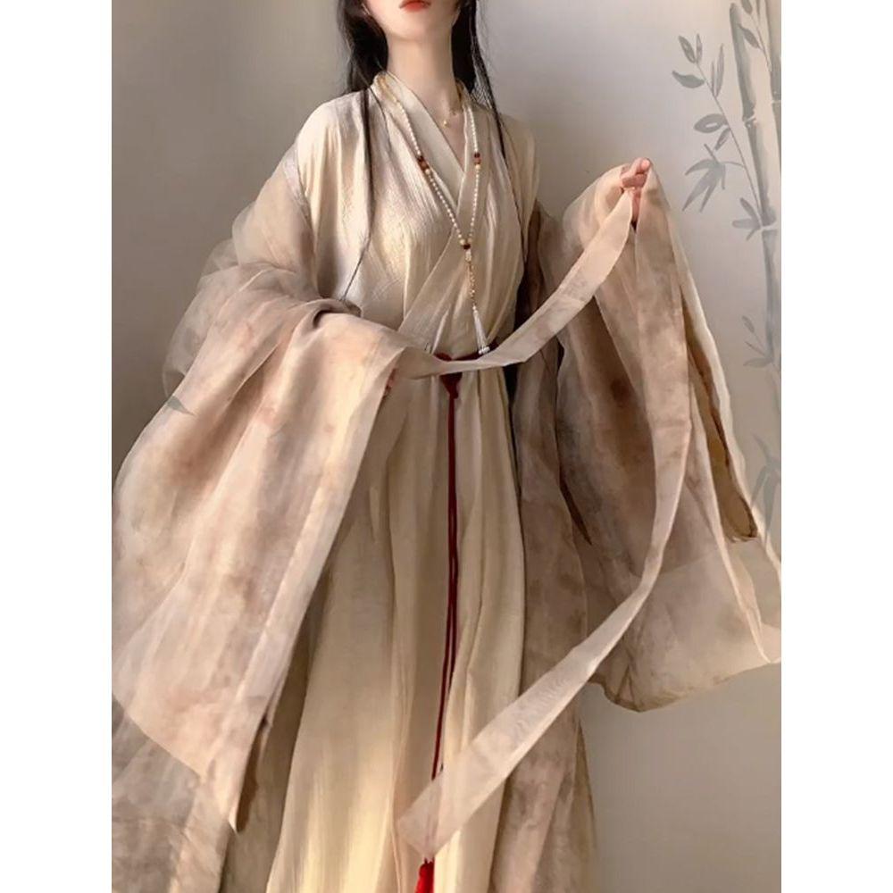 Camisa estampada Hanfu de manga reta, saia longa de fada na cintura