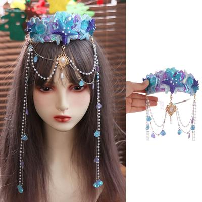 Diadema de Princesa Sirena con Borlas Joyería de Perlas Corona de Borlas Collar para la Frente Aro para el Cabello Cosplay