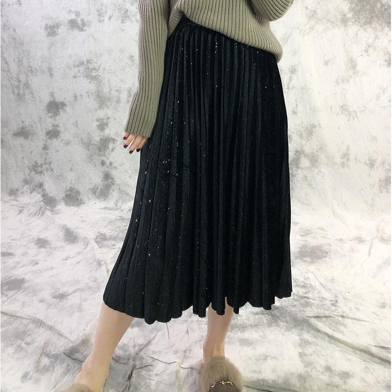 Golden Velvet Skirt Women's Autumn and Winter Elastic Waist A-line Pleated Skirt Chin Mid-length Skirt