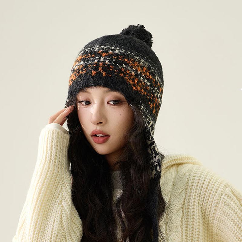 Chapéu de Lã Quente Tricotado com Proteção para Ouvidos Outono Inverno Estilo Étnico Feminino