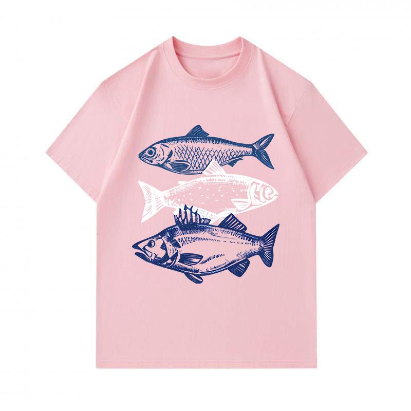 Men's 100% Cotton Crew Neck Short Sleeve T-Shirt, Vintage Three Fish Graphic Print Casual Lightweight Summer Tee for Daily Wear