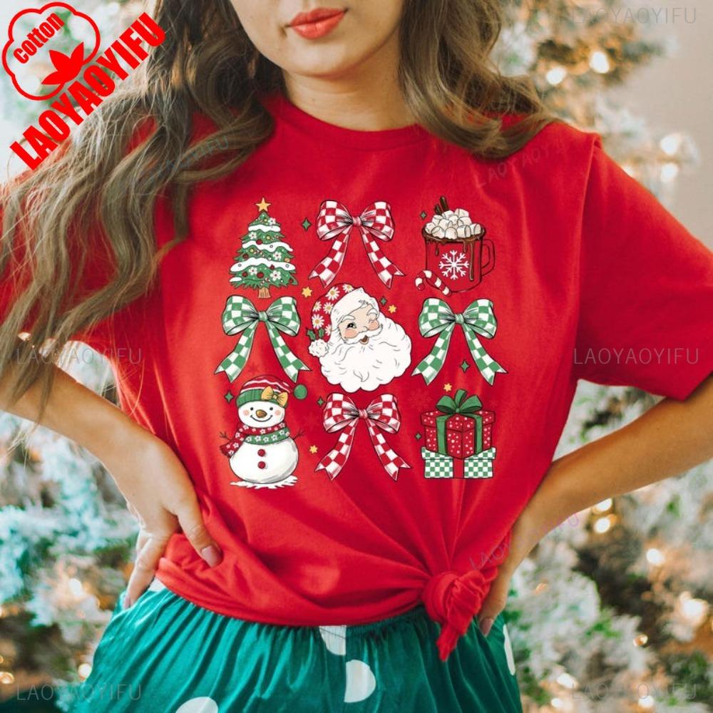 Christmas Party TShirt Cute Christmas EleUnisext Shirt Bow SnowUnisex Santa Claus Printed TShirt Xmas Gift Women Casual Cotton Tops