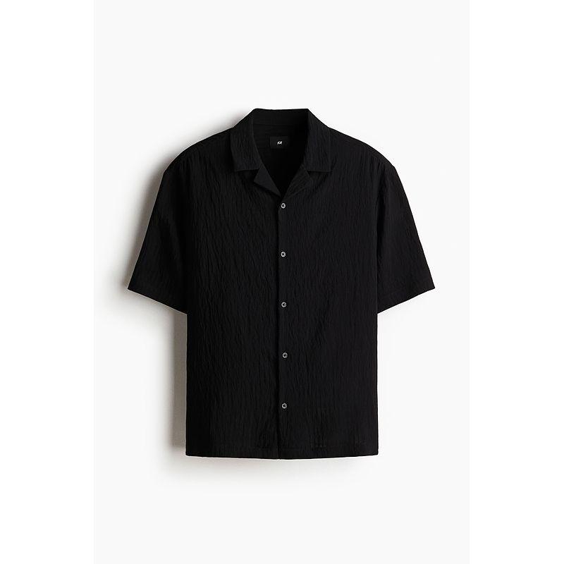 

HM Men s Cuban Collar Shirt 2025 Summer New Arrival Loose American Work Clothing Wrinkle Short Sleeve Shirt 1277585 Black 175/108