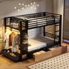 Bunk Bed, 90 X 200 Cm, Iron Frame, 4 Drawers, Shelves, LED Light Strip, Pegboard, Clothes Rail, Mattress Not Included, EN747-Certified, Black