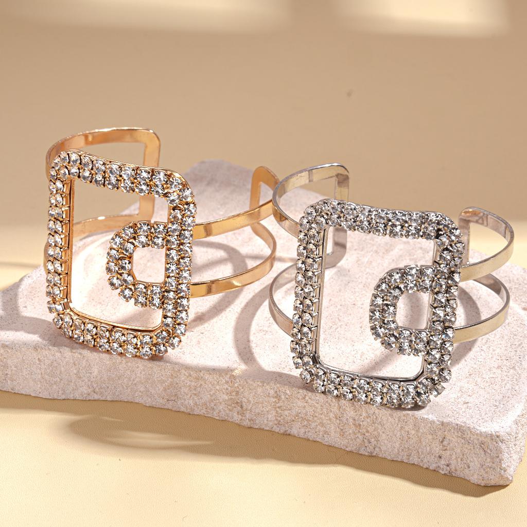Metal sense diamond-set square geometric opening bracelet, arm ring exaggerated personality fashion light luxury jewelry