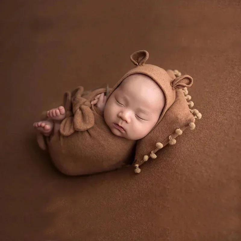 3pcs Newborn Photography Set Bear Hat Pillow Swaddle Wraps Bows Decor Clothing Studio Photo Props for Infant Boys Girls Shooting