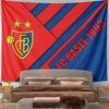 Red and blue angled panels with a FC Basel logo and text on each side. Patterned tapestry for bedroom and living room home decor