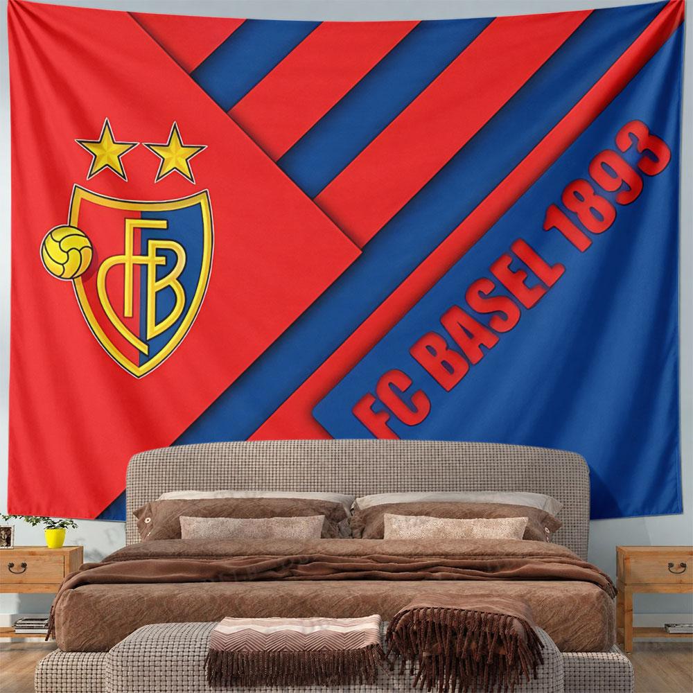 Red and blue angled panels with a FC Basel logo and text on each side. Patterned tapestry for bedroom and living room home decor